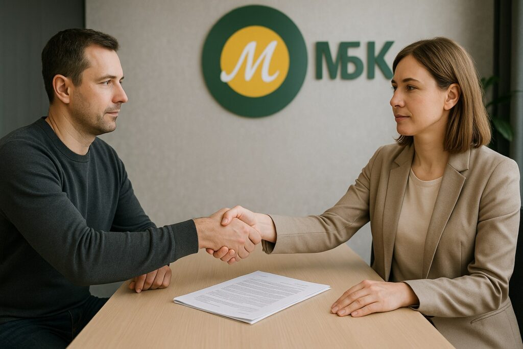 мужчина и женщина, 35-45 лет, одеты кэжуал, нейтральные выражения лиц) сидят за столом напротив друг друга в современном нотариальном интерьере. Между ними на столе лежат документы.