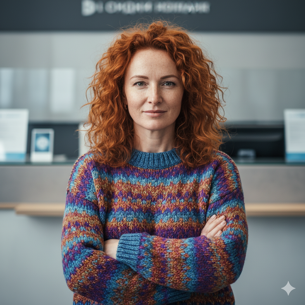 Уверенная женщина в банке оформляет заявление на досрочное погашение ипотеки.