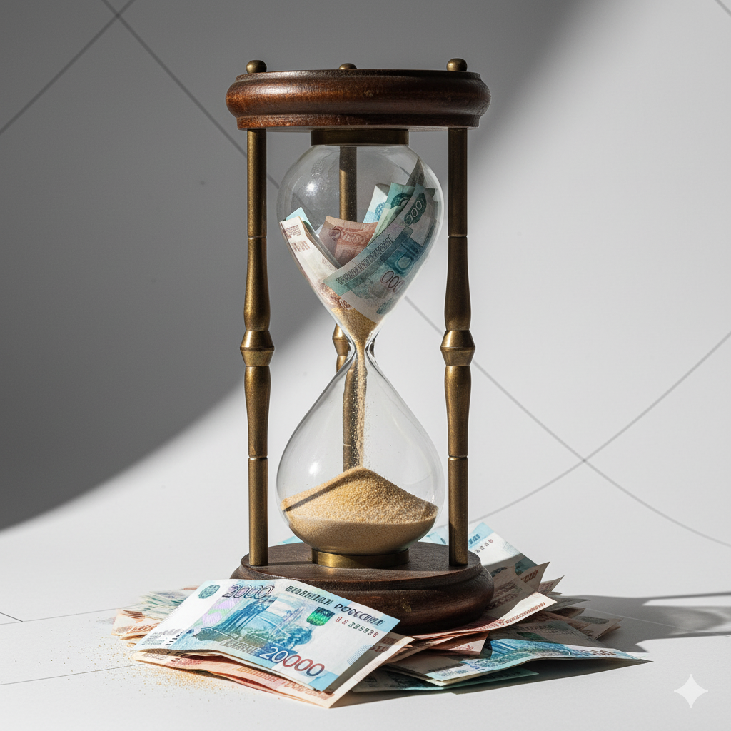 Песочные часы с российскими рублями как символ переплаты процентов по ипотеке.