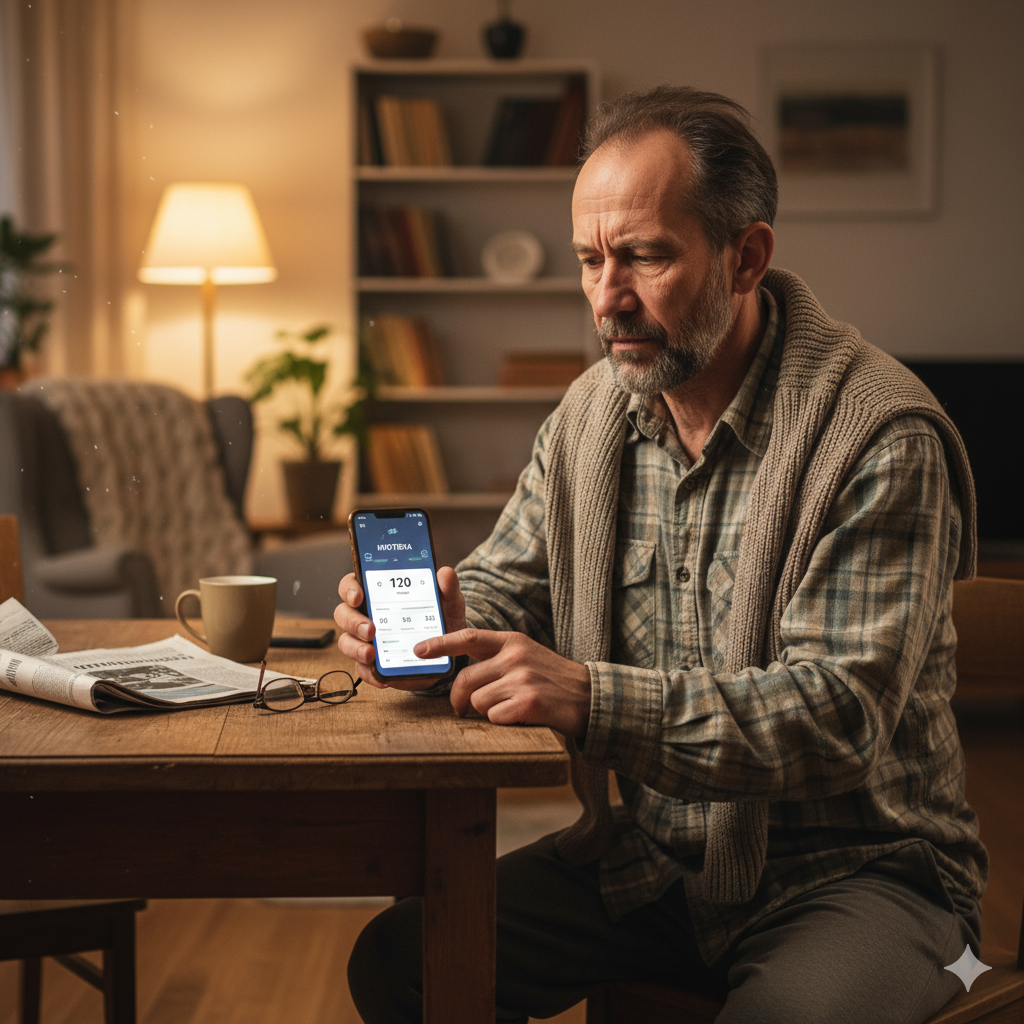 Мужчина рассчитывает досрочное погашение ипотеки на телефоне, чтобы уменьшить переплату.