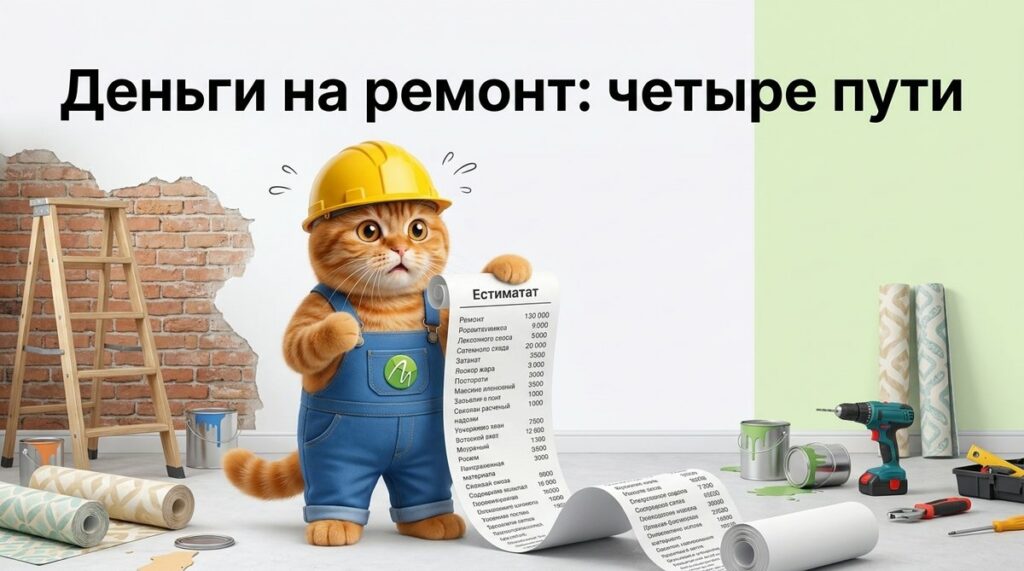 Кот в каске со сметой на ремонт квартиры