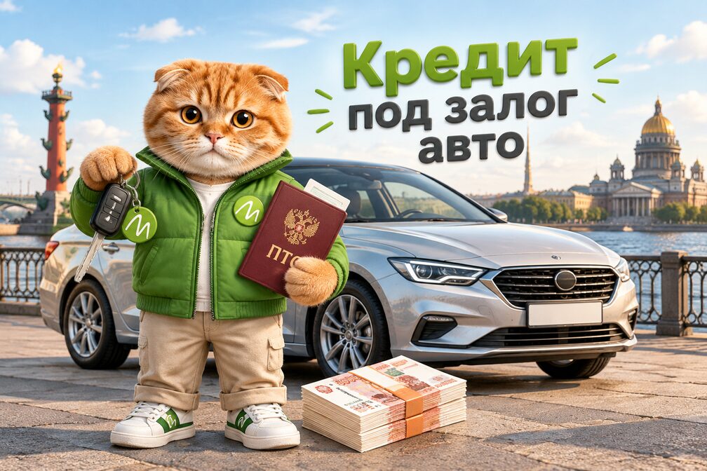 Кот-маскот МБК-Кредит с ПТС и ключами у автомобиля на набережной Петербурга