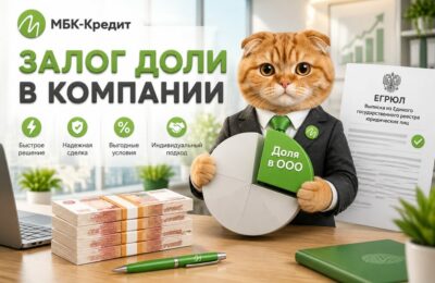 Кот-маскот МБК-Кредит в деловом костюме держит диаграмму с долей в ООО, рядом выписка из ЕГРЮЛ