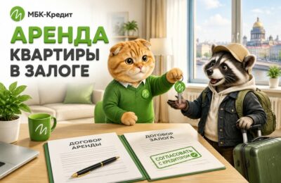 Кот-маскот МБК-Кредит передаёт ключи арендатору, на столе договор аренды и договор залога