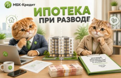 Два кота за столом с макетом дома, разделённым пунктиром, и брачным договором — ипотека при разводе