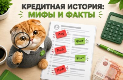 Кредитный отчёт с пометками «миф» и «факт» под лупой