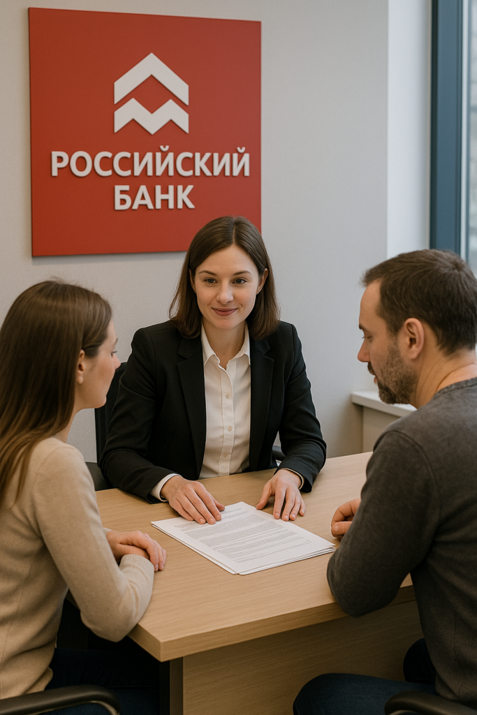 Семья общается с менеджером банка об условиях семейной ипотеки.