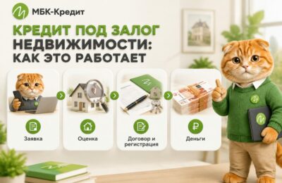 Схема этапов кредита под залог недвижимости: заявка, оценка, договор и регистрация, деньги