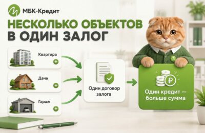 Схема: квартира, дача и гараж в одном договоре залога — один кредит на большую сумму