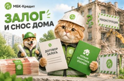 Кот-маскот МБК-Кредит в каске с договором залога и папкой «Новая квартира взамен» у дома под реконструкцию