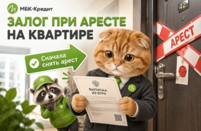 Кот-маскот МБК-Кредит с выпиской ЕГРН у двери квартиры, опечатанной лентой «Арест»