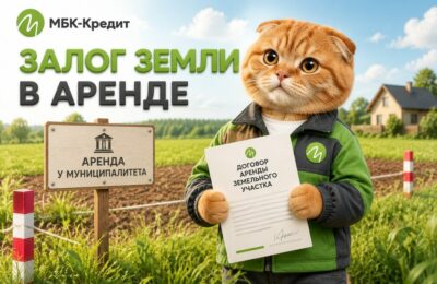 Кот-маскот МБК-Кредит с договором аренды земельного участка у таблички «Аренда у муниципалитета»