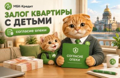 Кот-маскот МБК-Кредит с папкой «Согласие опеки» и котёнок — залог квартиры с прописанными детьми