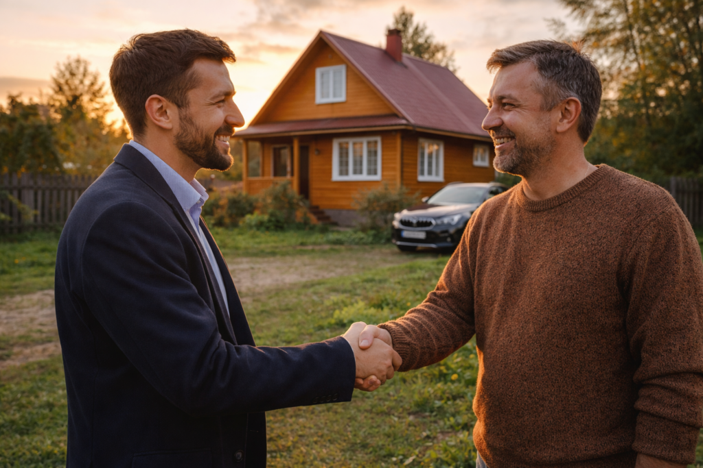Кредитный брокер и клиент жмут руки на фоне загородного дома после успешного оформления сделки.