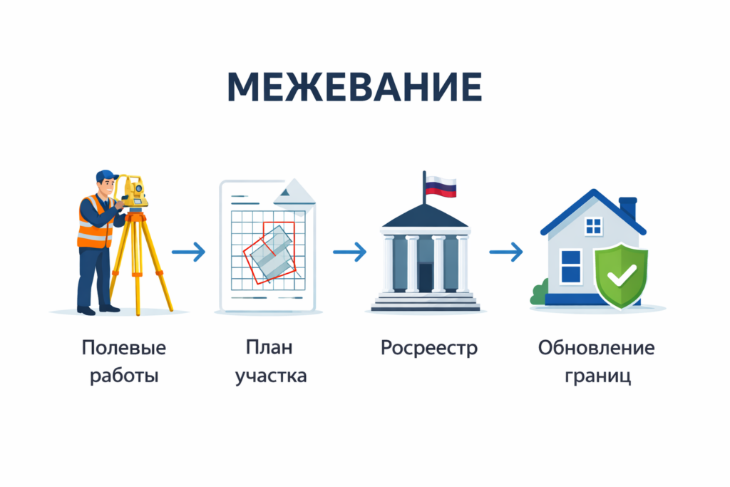 Инфографика: этапы межевания земельного участка от замеров до регистрации в Росреестре.