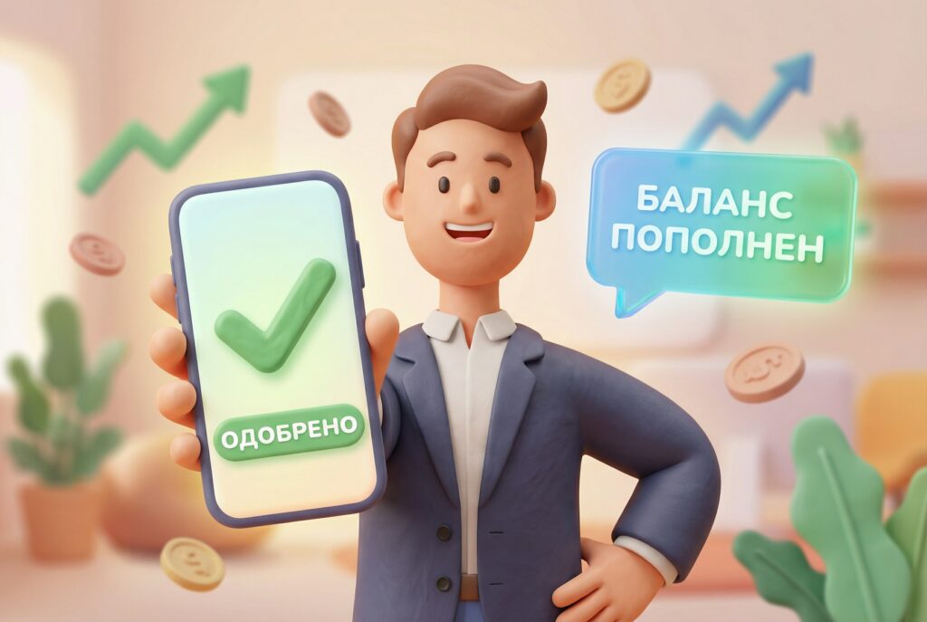 3D-иллюстрация: счастливый предприниматель держит смартфон с уведомлением "Одобрено", получив деньги на счет и закрыв кассовый разрыв.