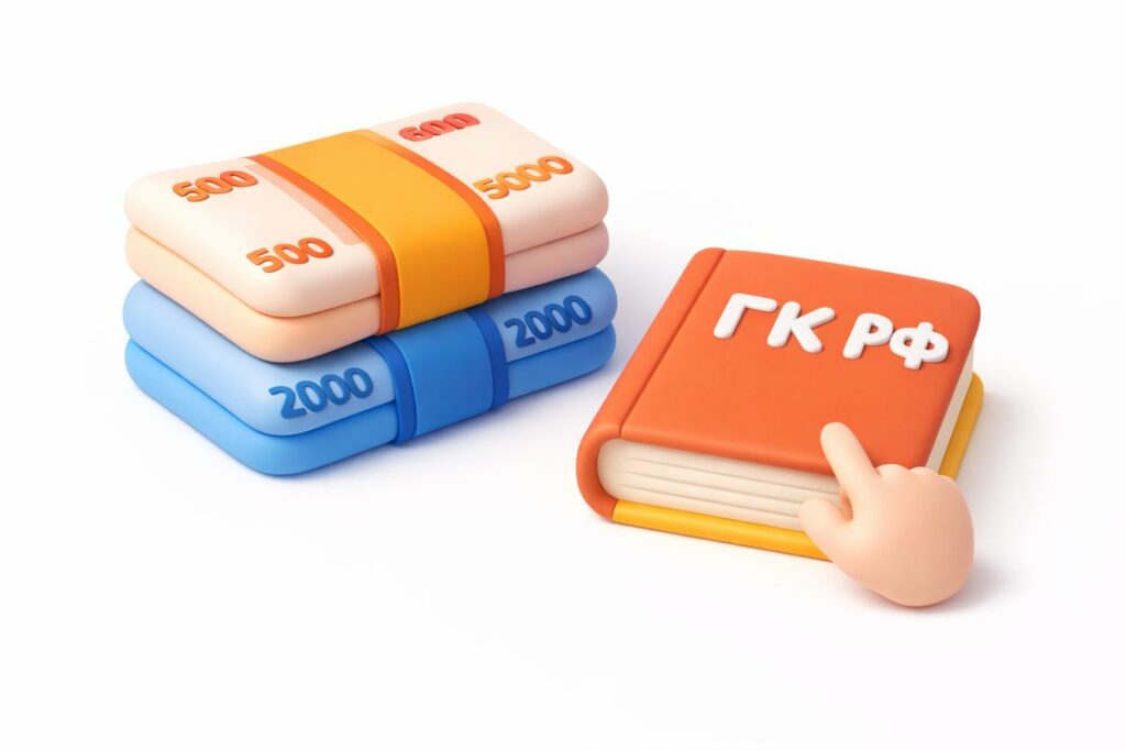 Пластилиновая 3D-композиция: стопка рублевых купюр и кодекс ГК РФ, символизирующие преимущественное право покупки доли.