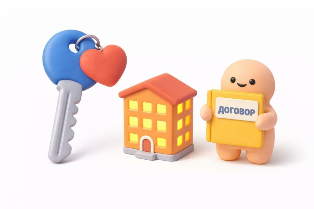 Счастливый персонаж с договором купли-продажи, ключи от квартиры и миниатюрный дом на белом фоне.