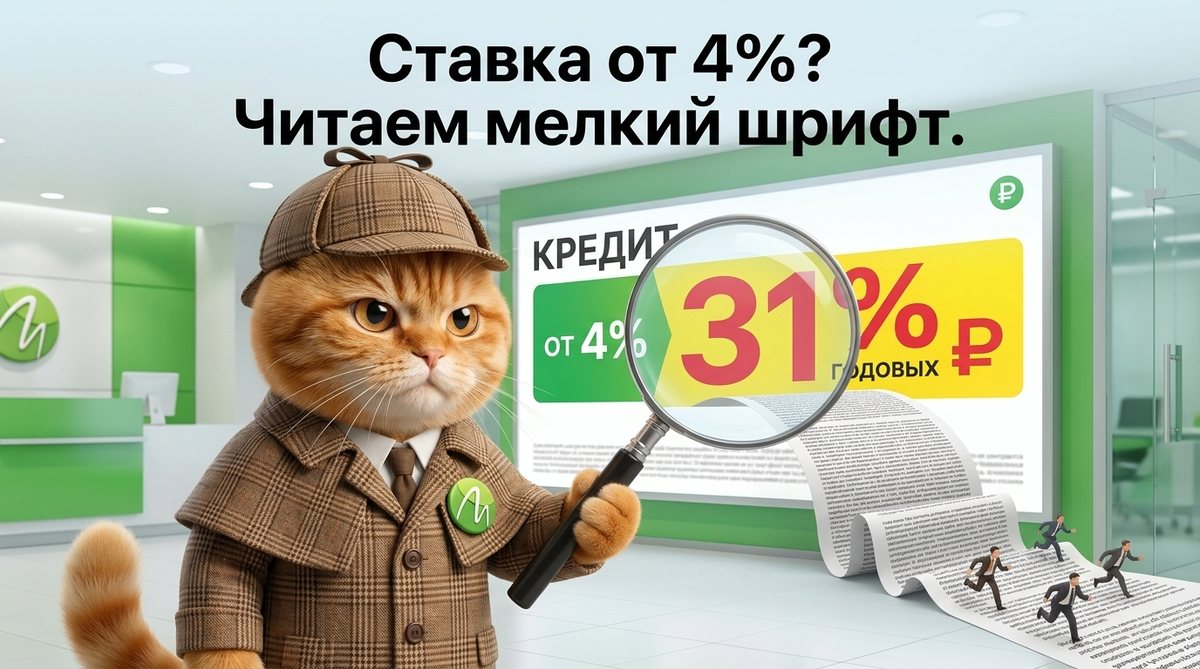 Рекламный баннер со ставкой от 4% и мелкий шрифт кредитного договора