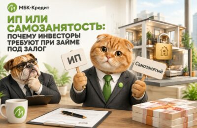 Кот-заёмщик держит таблички «ИП» и «Самозанятый» перед частным инвестором, за ним квартира в залоге