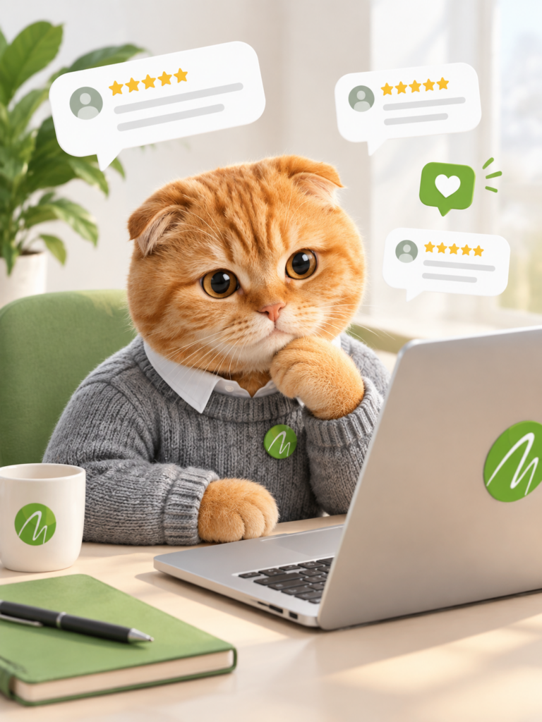 Кот МБК за ноутбуком читает отзывы