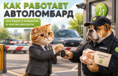 Кот в деловом костюме отдаёт ключи от машины охраннику автоломбарда и получает деньги и залоговый билет