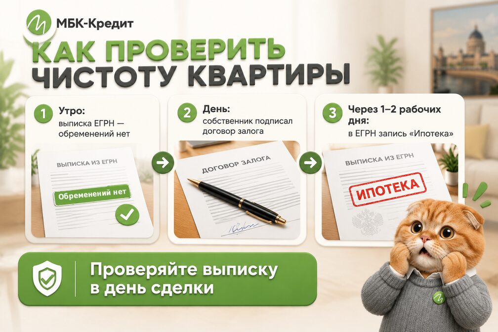 Когда залог квартиры появляется в ЕГРН: утром обременений нет, днём подписан договор, через 1–2 рабочих дня запись «Ипотека»