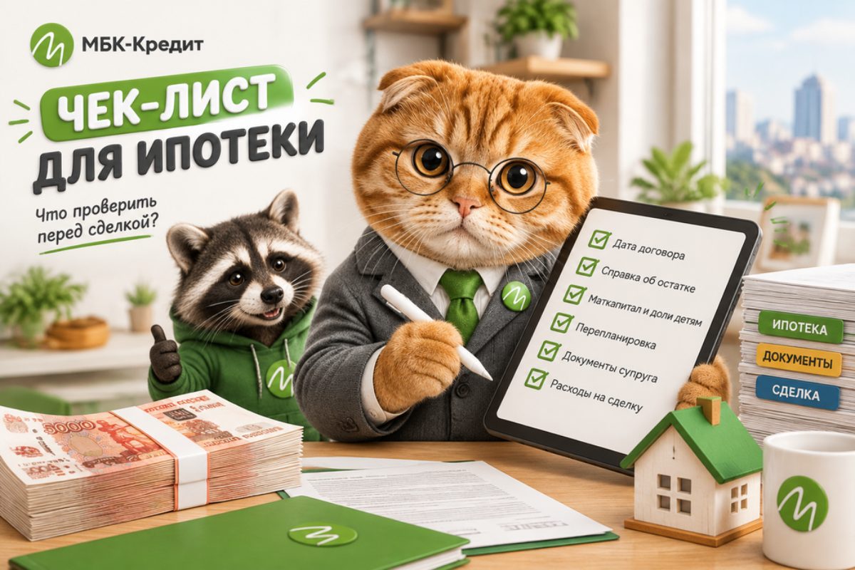 Кот в костюме проверяет чек-лист перед рефинансированием ипотеки: дата договора, справка об остатке, маткапитал, перепланировка