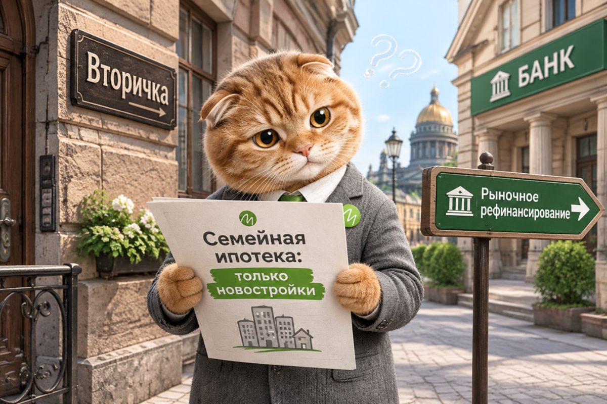 Озадаченный кот у петербургского дома держит объявление «Семейная ипотека: только новостройки», рядом указатель к рыночному рефинансированию
