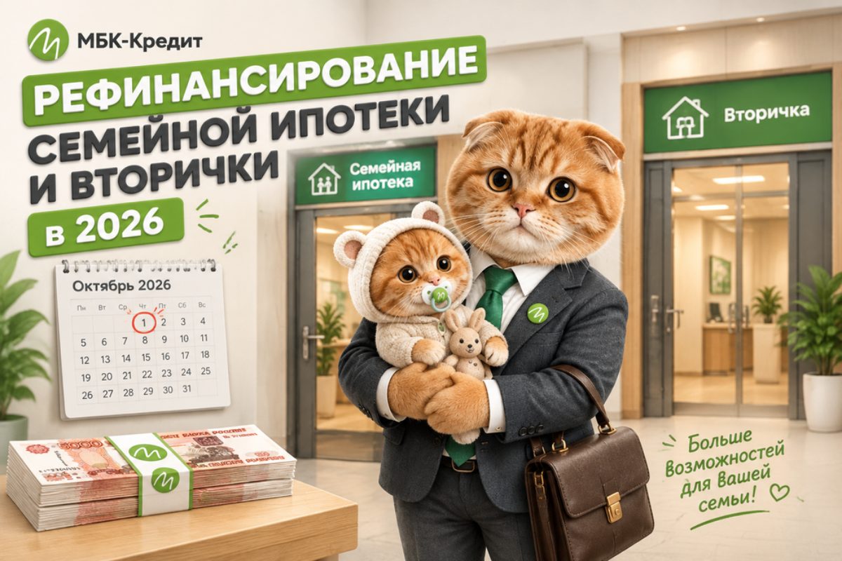 Кот-папа с котёнком выбирает между рефинансированием семейной ипотеки и ипотеки на вторичку после 1 октября 2026
