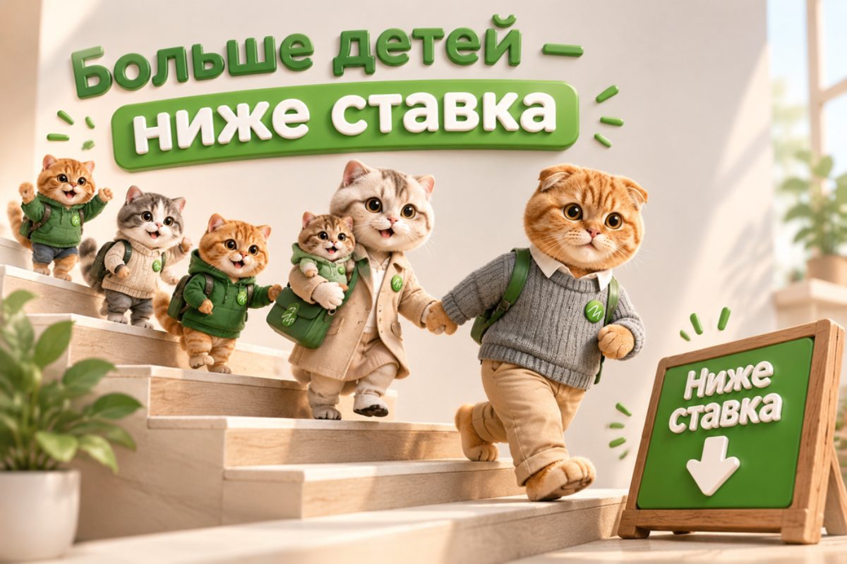Семья котов спускается по лестнице к табличке «Ниже ставка»: ставка семейной ипотеки снижается с каждым ребёнком